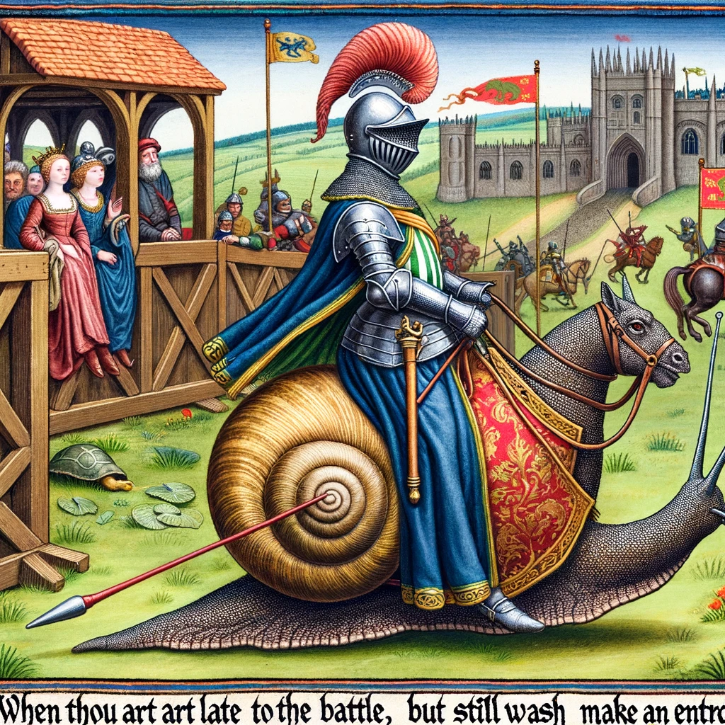 A medieval scene of a noble riding a snail in a jousting tournament, with the caption, "When thou art late to the battle but still wish to make an entrance."