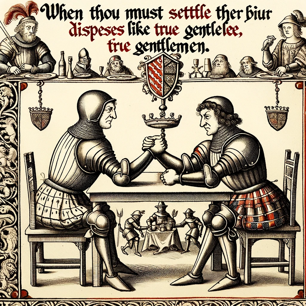 A medieval illustration of two knights arm wrestling at a feast, with the caption, "When thou must settle thy disputes like true gentlemen."