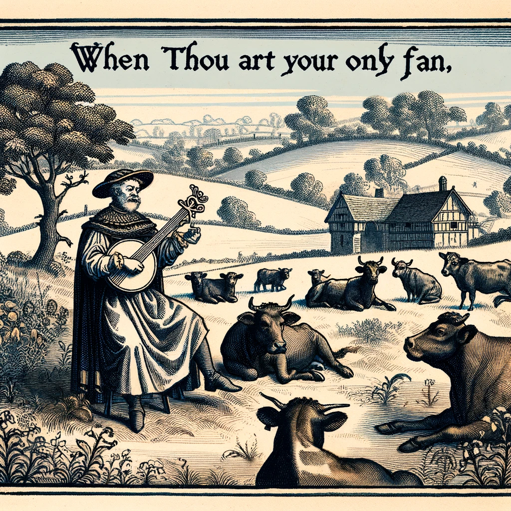 A medieval scene with a bard playing music to a group of cows in a field, captioned, "When thou art your only fan."