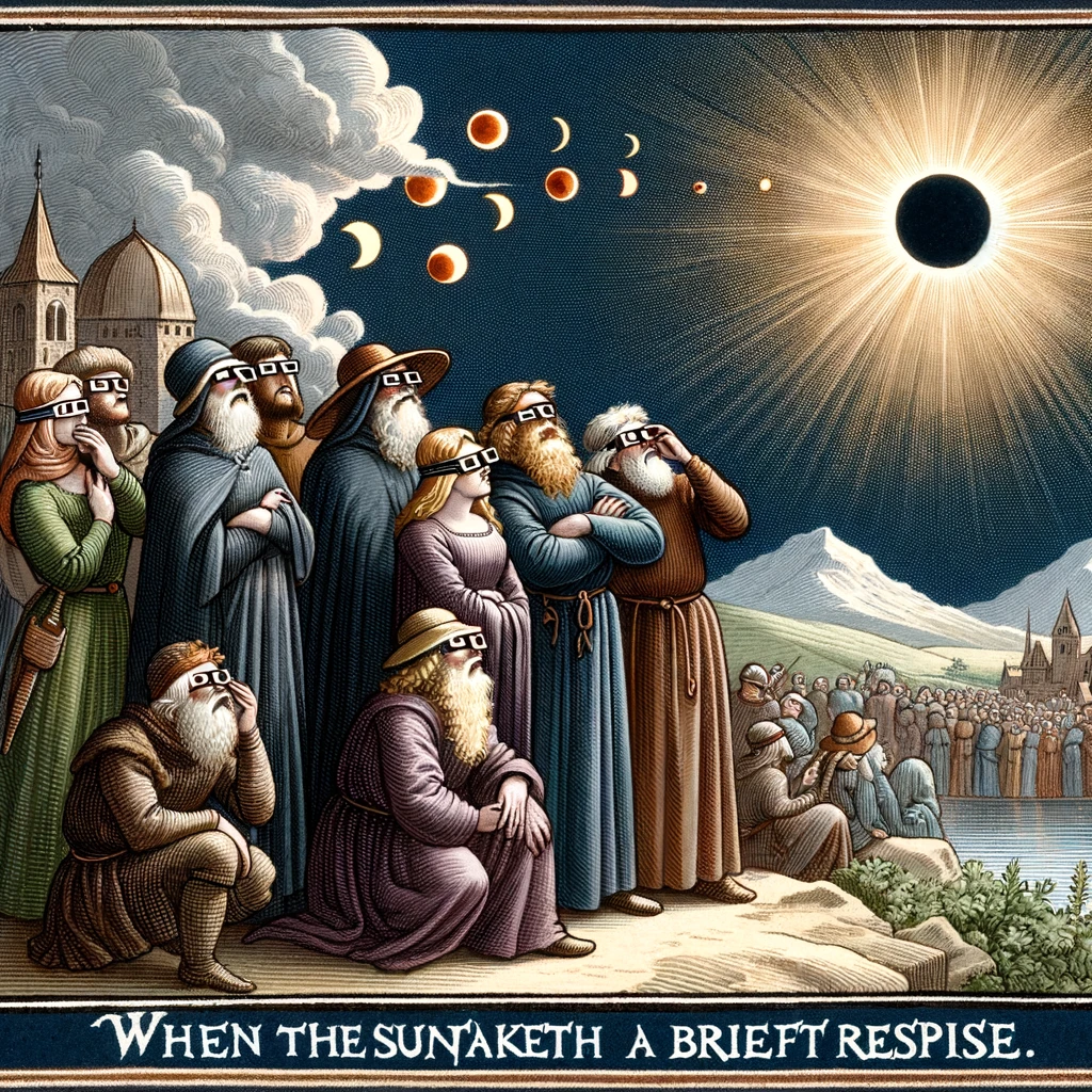 A group of medieval villagers staring at a solar eclipse, captioned, "When the sun taketh a brief respite."