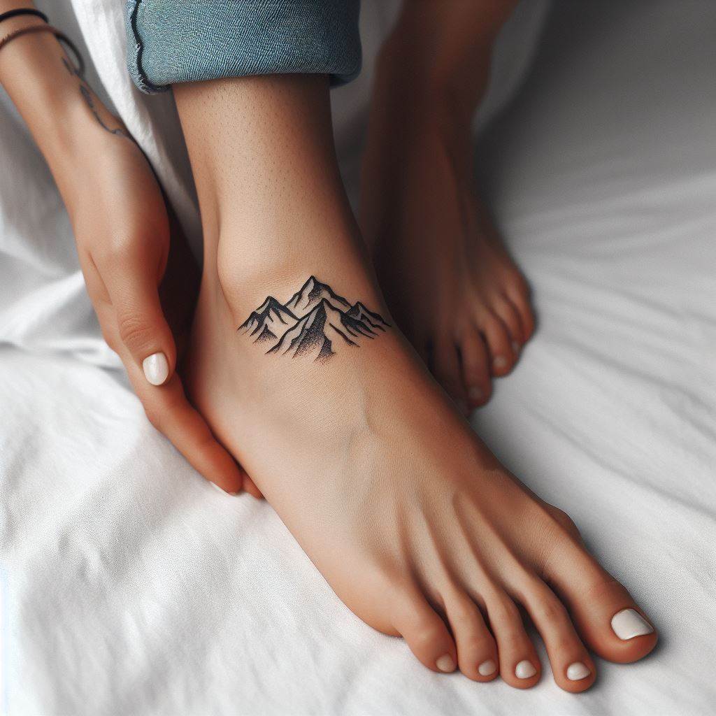 A minimalist mountain range tattoo encircling a woman's ankle, symbolizing adventure, exploration, and a love for nature.