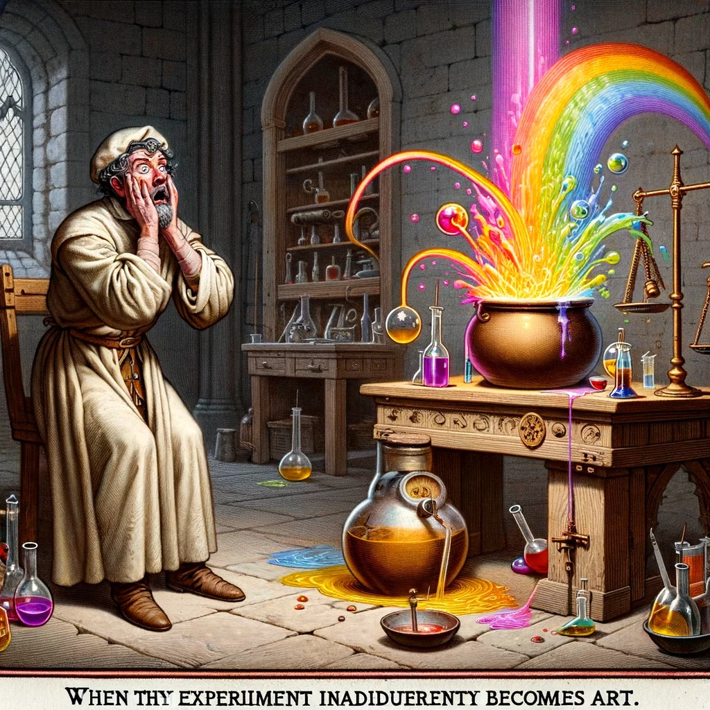 A medieval alchemist's lab with a bewildered alchemist looking at a potion that turned into a rainbow, captioned, "When thy experiment inadvertently becomes art."