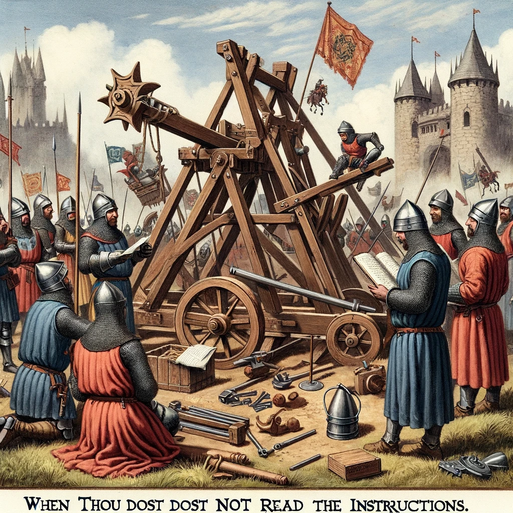 A medieval scene with a group of knights trying to assemble a trebuchet from a manual, captioned, "When thou dost not read the instructions."