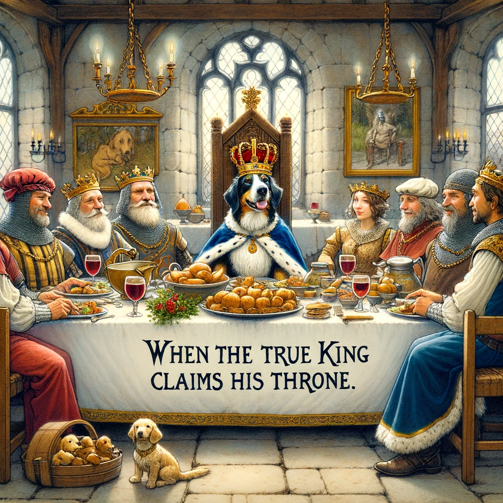A medieval feast with a dog sitting at the head of the table, wearing a crown, captioned, "When the true king claims his throne."
