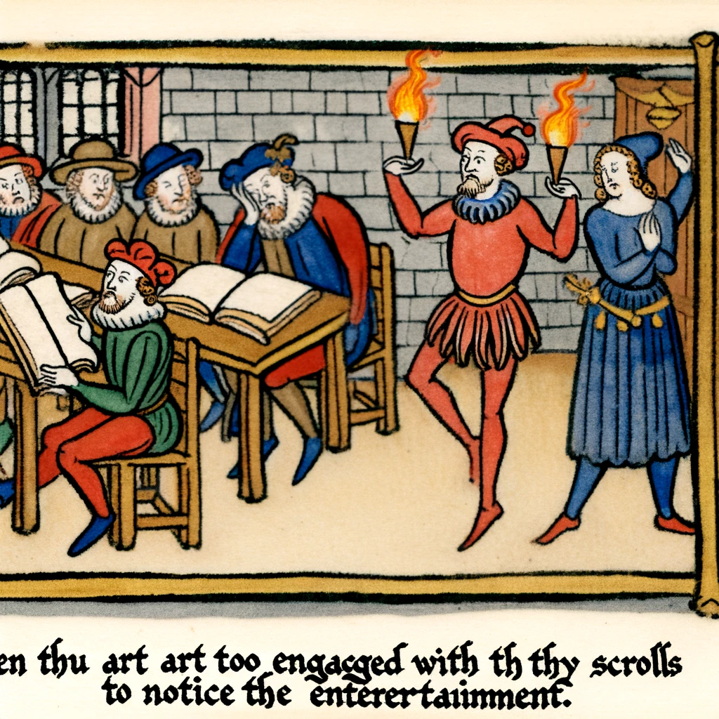 A medieval court with a jester juggling fire while everyone is too busy looking at their scrolls, captioned, "When thou art too engaged with thy scrolls to notice the entertainment."