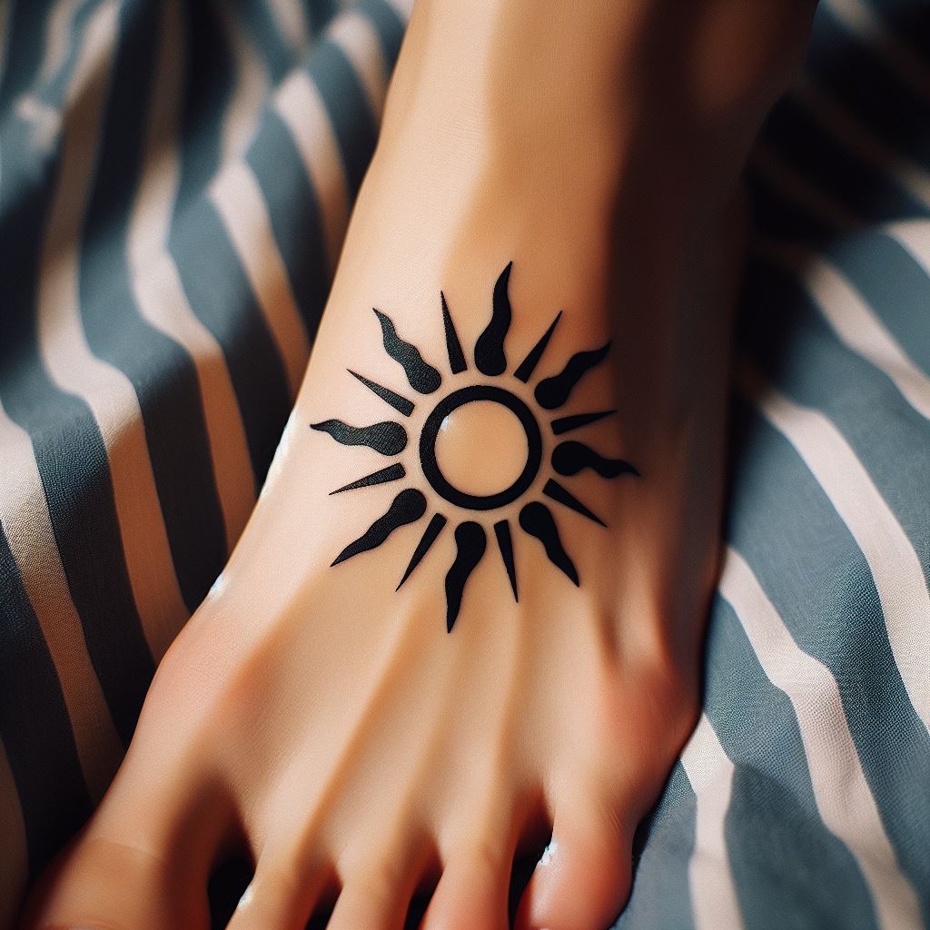 A minimalist tattoo of Princess Vivi's symbol, the sun surrounded by eight petals representing the Alabasta kingdom, placed on the top of the foot. This design should evoke a sense of loyalty, love for one's homeland, and the enduring bonds formed with the Straw Hat Pirates.