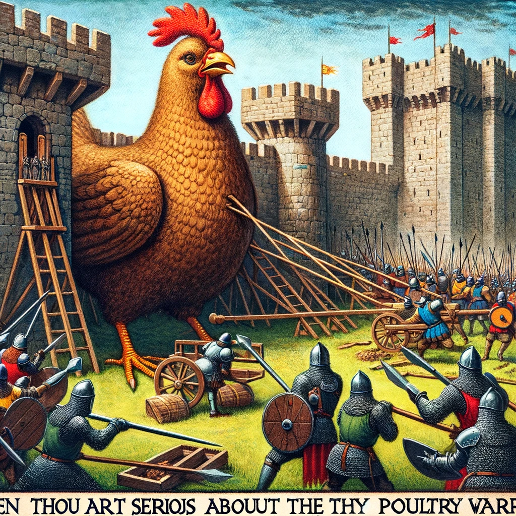 A medieval castle siege with attackers using a battering ram shaped like a giant chicken, captioned, "When thou art serious about thy poultry warfare."