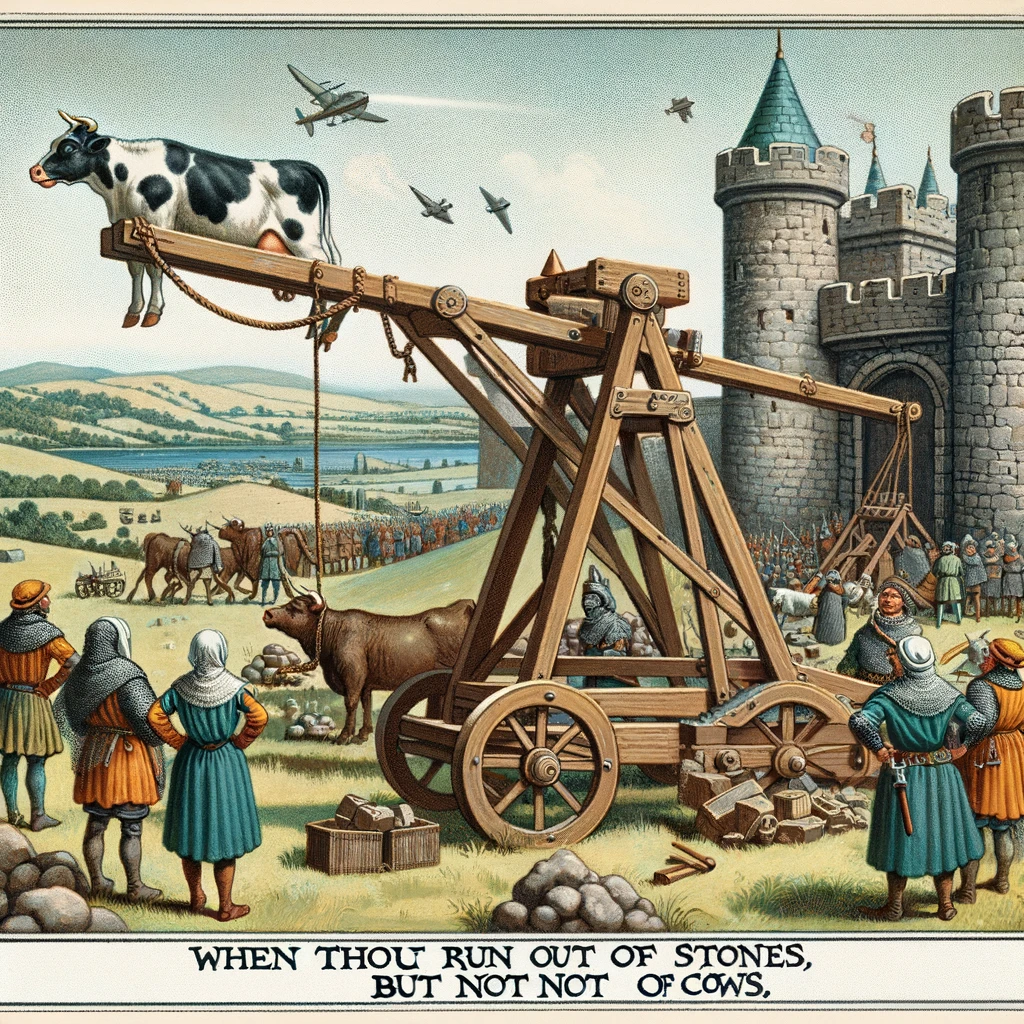 A medieval scene of villagers using a large catapult to launch a cow at a castle, captioned, "When thou hast run out of stones but not of cows."