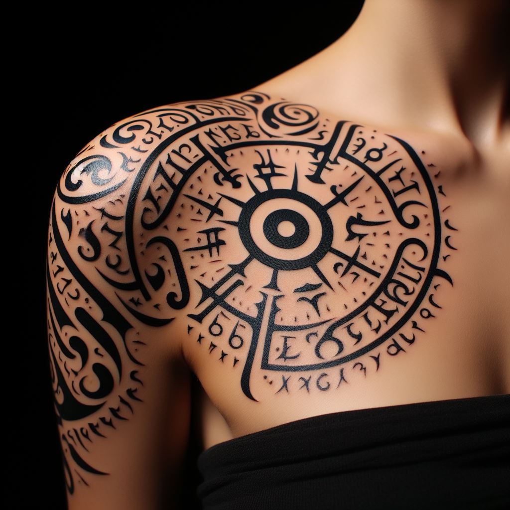 An intricate tattoo of the ancient Poneglyph script, wrapping around the shoulder. This design should look both mysterious and ancient, inviting speculation and symbolizing the quest for the true history of the "One Piece" world.