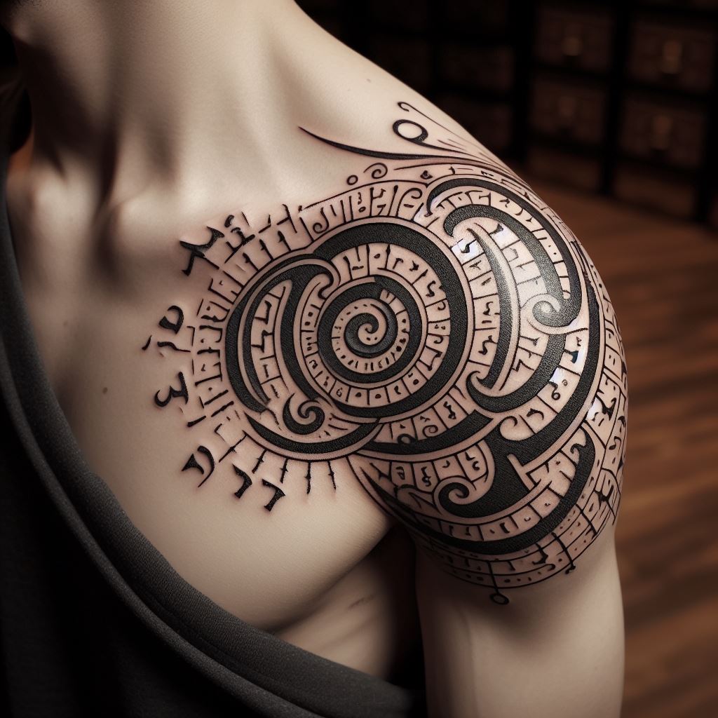 An intricate tattoo of the ancient Poneglyph script, wrapping around the shoulder. This design should look both mysterious and ancient, inviting speculation and symbolizing the quest for the true history of the "One Piece" world.