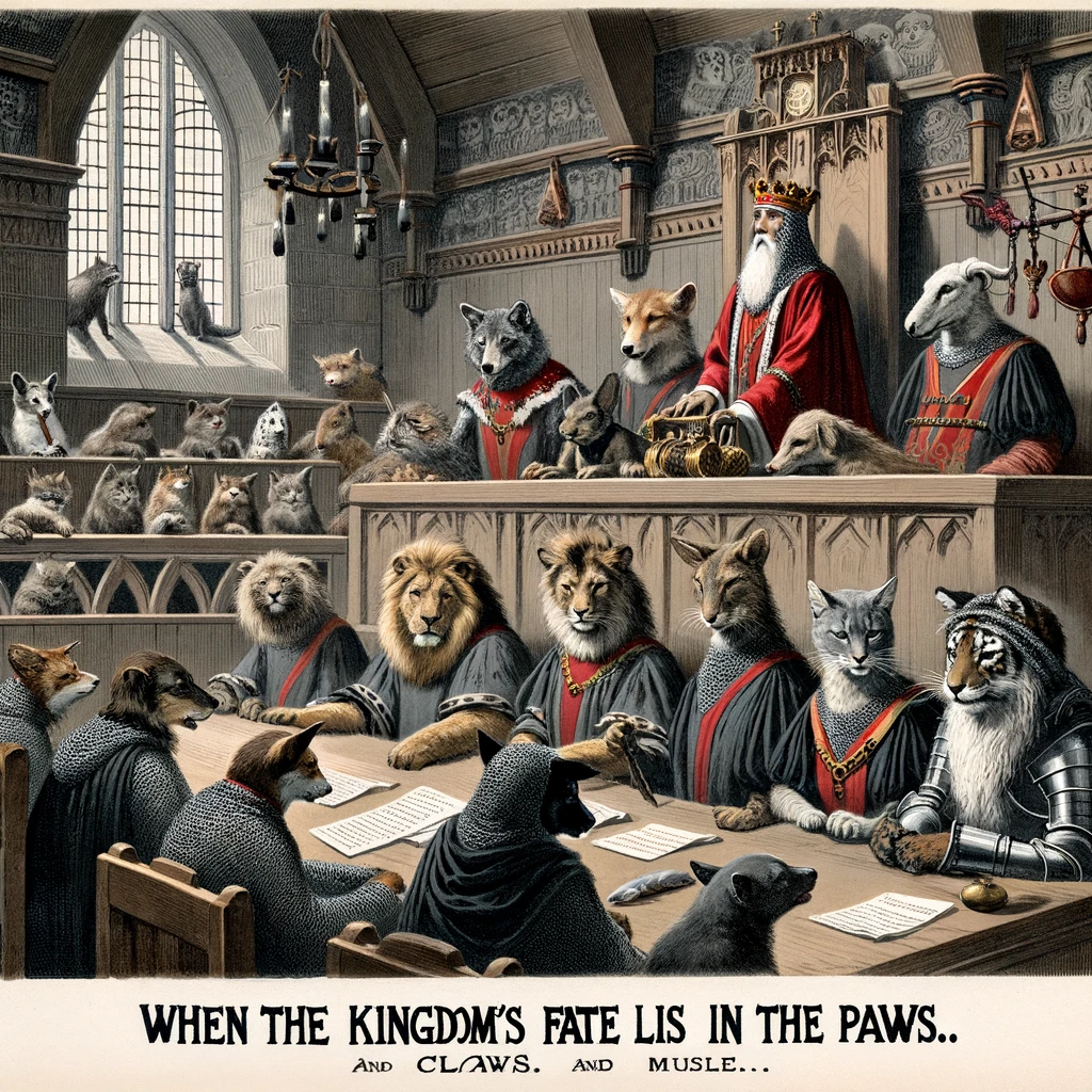 A medieval courtroom scene with animals as the jury, captioned, "When the kingdom's fate lies in the paws and claws."