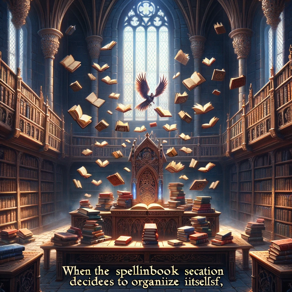 A medieval library with books flying around by magic, captioned, "When the spellbook section decides to organize itself."