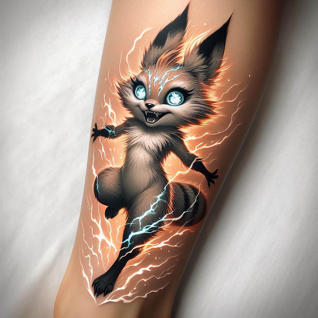 A dynamic tattoo of Carrot in her Sulong form, with glowing eyes and electrified fur, leaping into battle, placed on the lower leg. The design should capture the transformation's majestic and powerful essence, highlighting the beauty and ferocity of the Mink Tribe's Sulong state.
