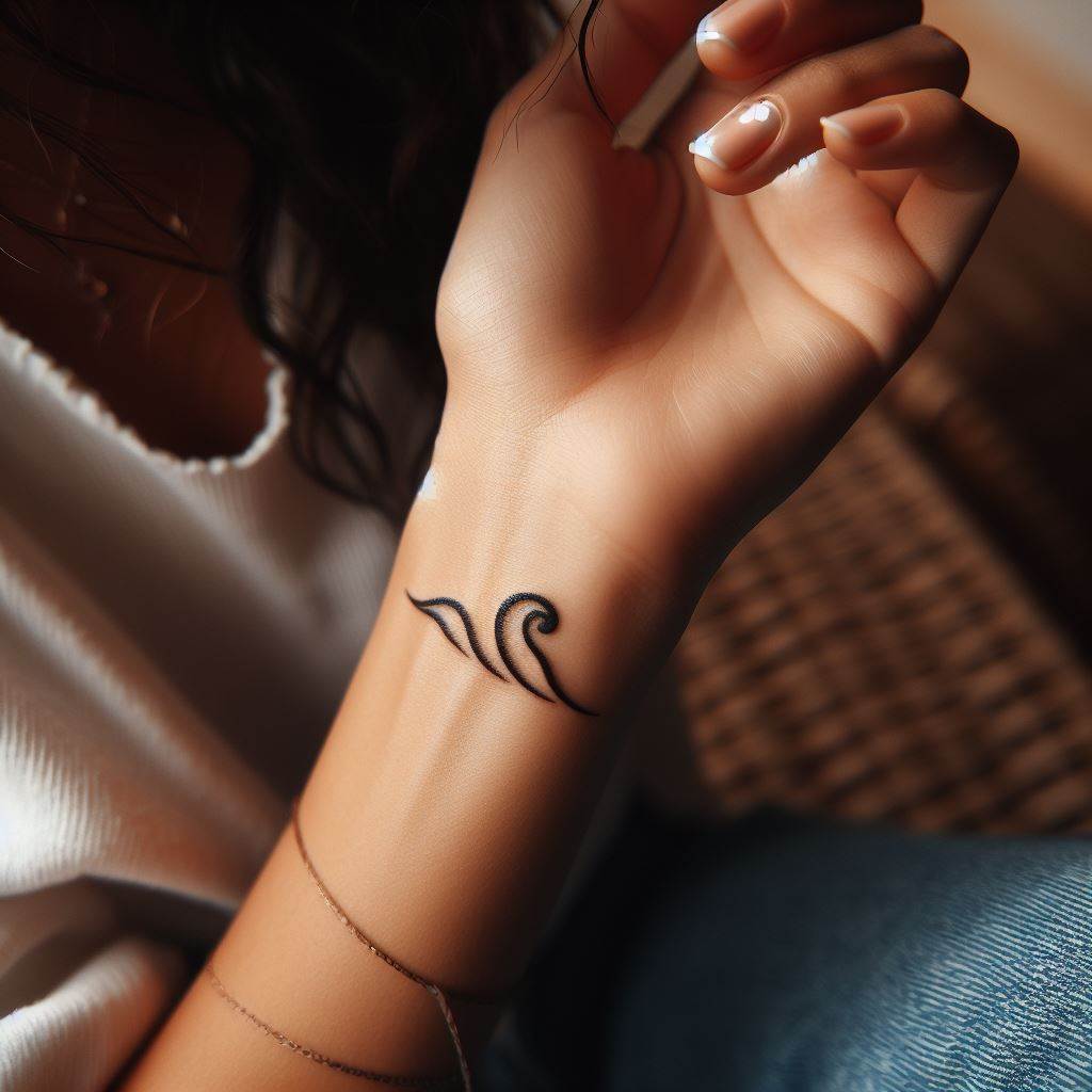 A small, simple wave tattoo on a woman's wrist, symbolizing a connection to the ocean, change, and the flow of life.