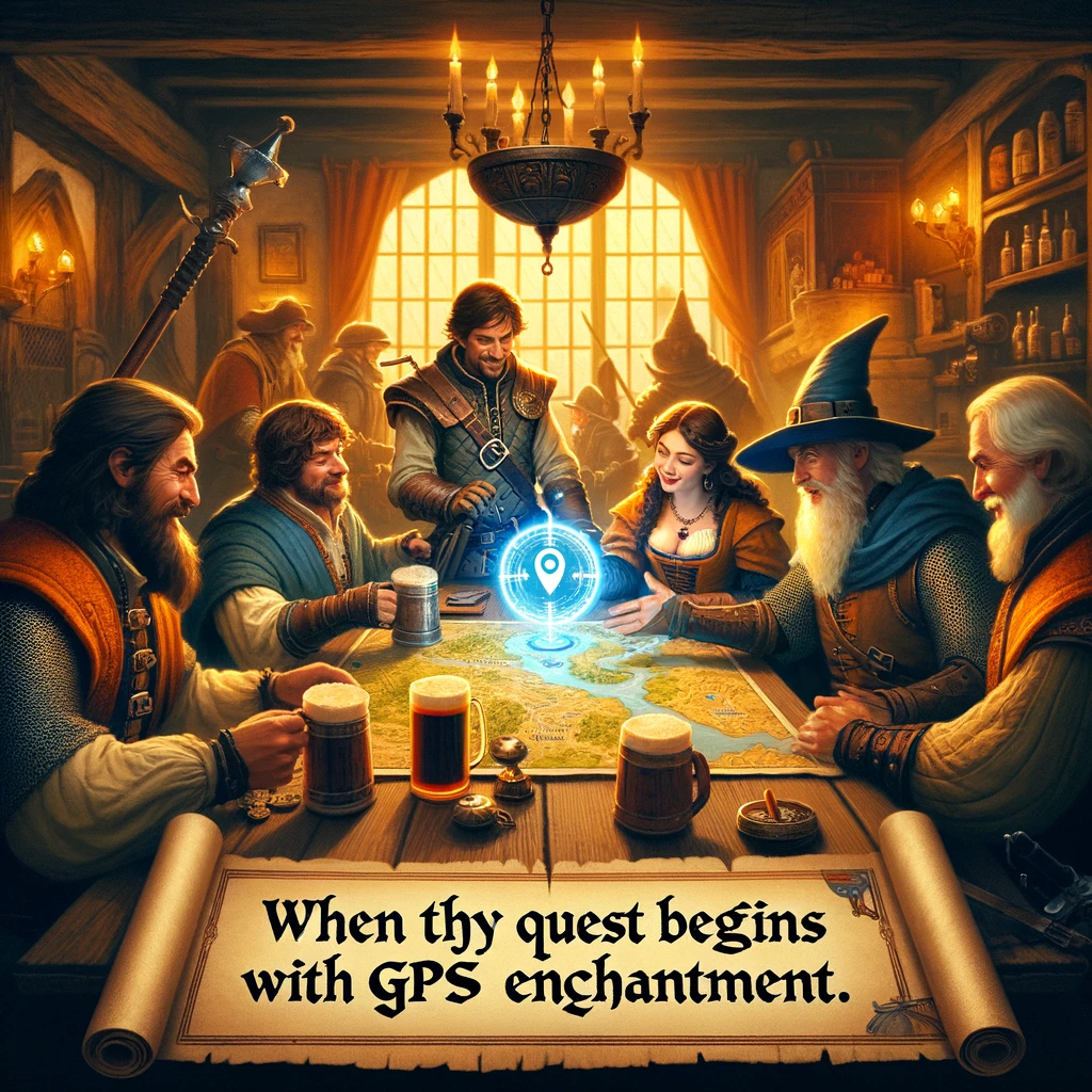 A medieval tavern scene with a group of adventurers planning their journey on a magical glowing map, captioned, "When thy quest begins with GPS enchantment."