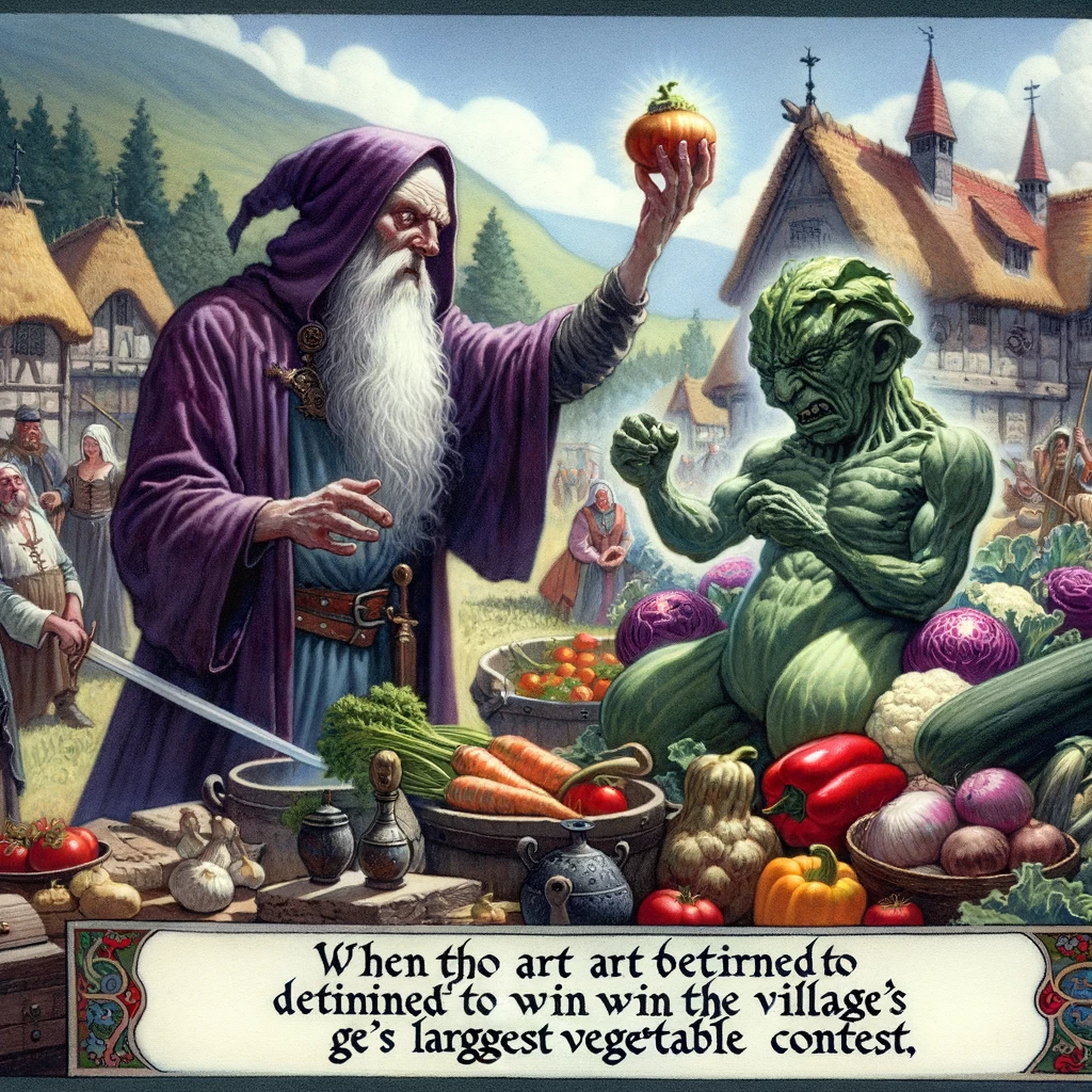 A medieval scene of a sorcerer casting a spell to make vegetables grow giant, captioned, "When thou art determined to win the village's largest vegetable contest."