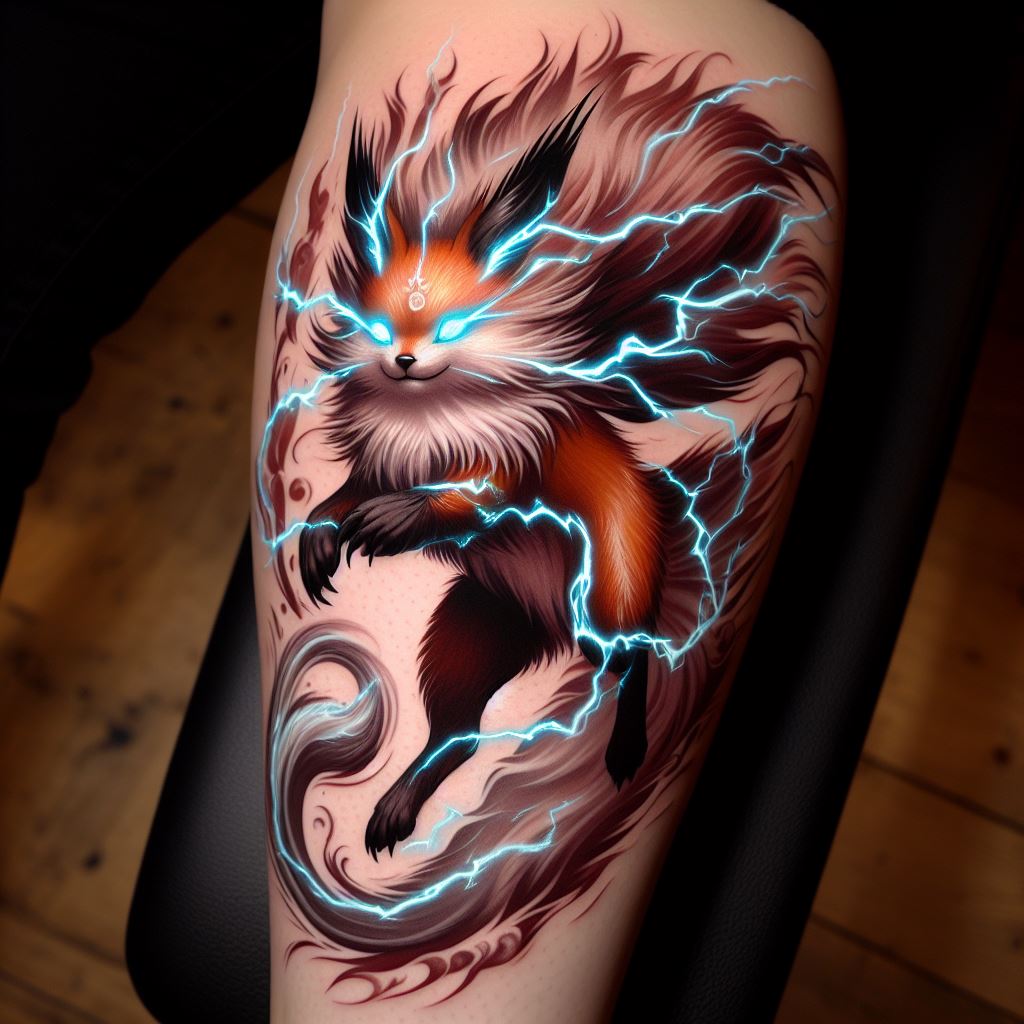 A dynamic tattoo of Carrot in her Sulong form, with glowing eyes and electrified fur, leaping into battle, placed on the lower leg. The design should capture the transformation's majestic and powerful essence, highlighting the beauty and ferocity of the Mink Tribe's Sulong state.