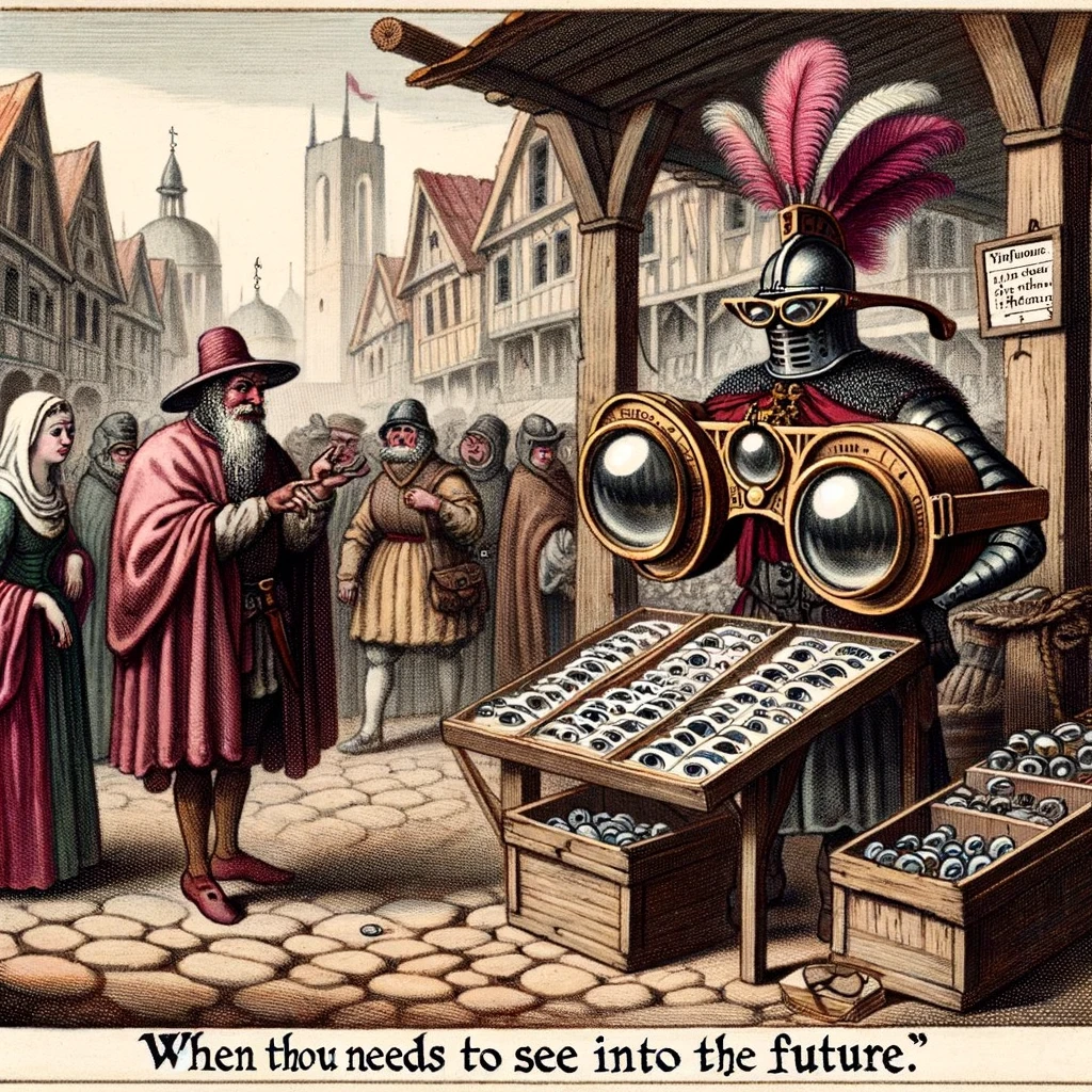 A medieval marketplace with a vendor selling glasses with exaggeratedly large lenses, captioned, "When thou needs to see into the future."