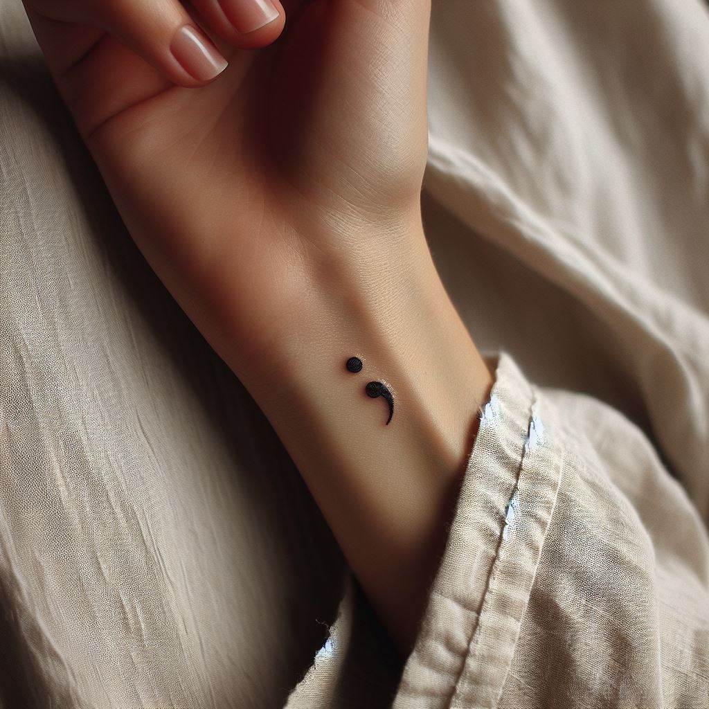 A delicate, minimalist semicolon tattoo located on the inner wrist. The semicolon should be fine-lined, exuding elegance and subtlety, perfectly suited for those who prefer a discreet yet meaningful tattoo.