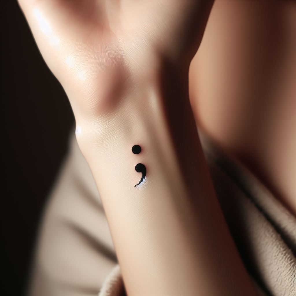A delicate, minimalist semicolon tattoo located on the inner wrist. The semicolon should be fine-lined, exuding elegance and subtlety, perfectly suited for those who prefer a discreet yet meaningful tattoo.