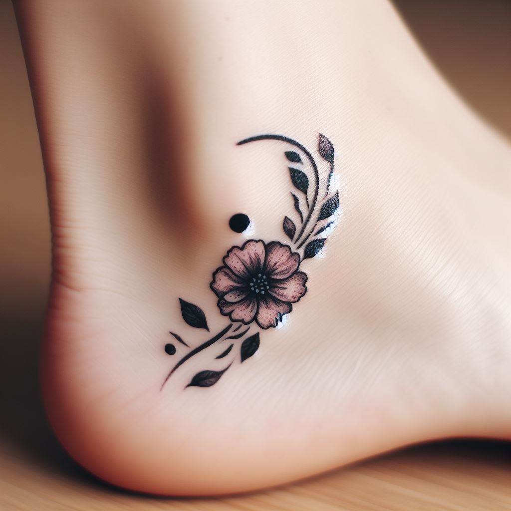 A semicolon tattoo integrated into a small, intricate floral design positioned gracefully on the outer ankle. The floral elements should weave around the semicolon, transforming it into part of the bloom, symbolizing growth and continuation.