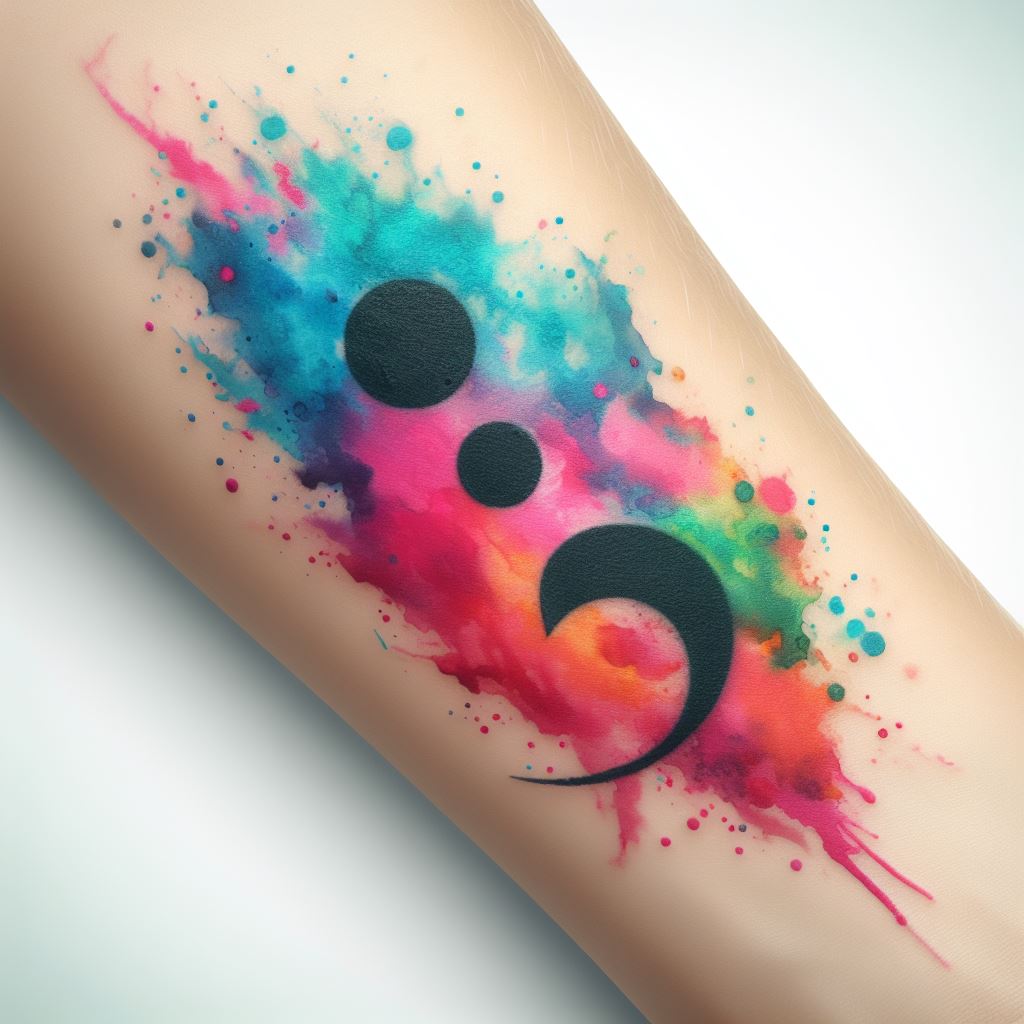 A vibrant, watercolor-style semicolon tattoo on the forearm. The semicolon should be at the center, surrounded by splashes of vivid colors, blending seamlessly into an abstract, artful design that signifies hope and resilience.