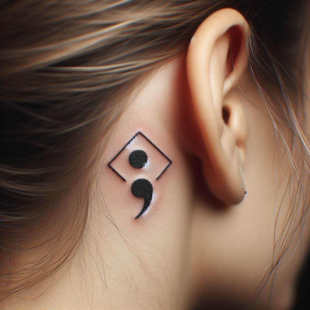 A small, geometric semicolon tattoo located discreetly behind the ear. The design should incorporate geometric shapes framing the semicolon, offering a modern twist on a powerful symbol, ideal for those who appreciate contemporary tattoo art.