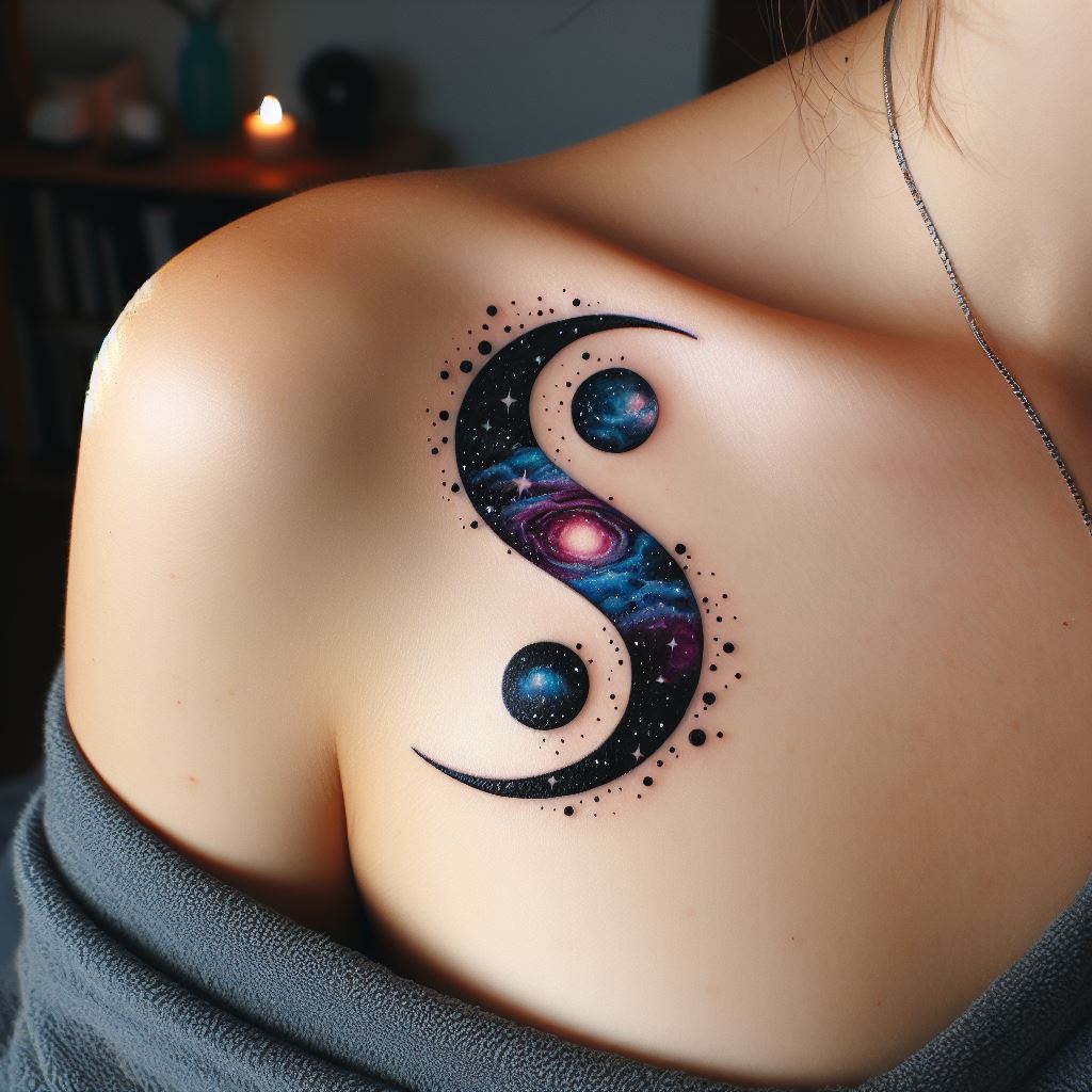 A semicolon tattoo that incorporates cosmic elements, placed on the shoulder blade. The design should feature stars, galaxies, or celestial bodies around the semicolon, portraying the vastness of the universe and the endless possibilities of life.