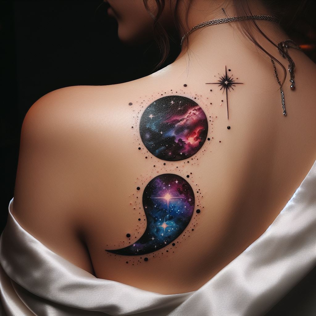 A semicolon tattoo that incorporates cosmic elements, placed on the shoulder blade. The design should feature stars, galaxies, or celestial bodies around the semicolon, portraying the vastness of the universe and the endless possibilities of life.