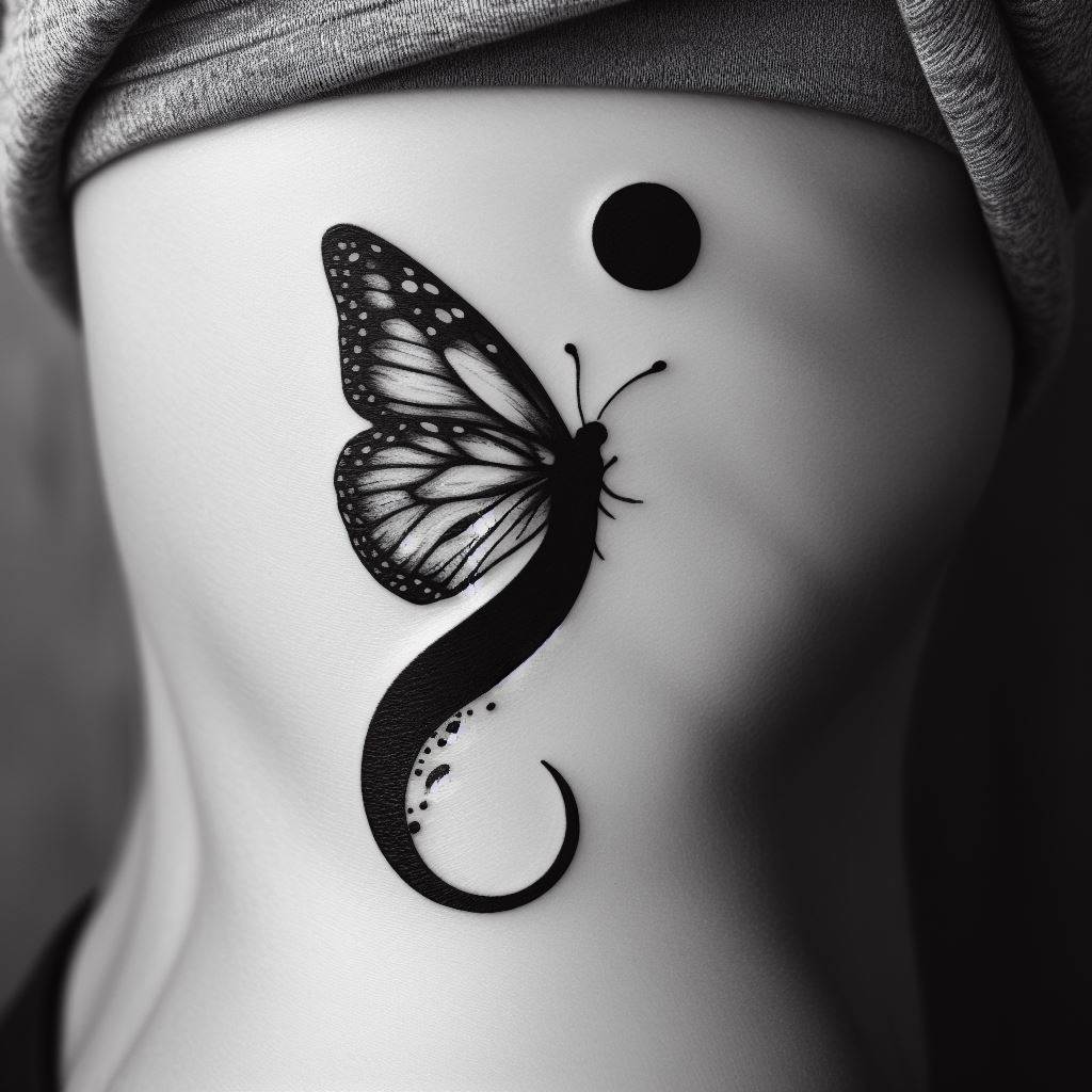 A semicolon that transitions into the body of a butterfly, tattooed on the side of the rib cage. This design symbolizes transformation and rebirth, with the butterfly's wings spreading from the semicolon, signifying a new beginning.