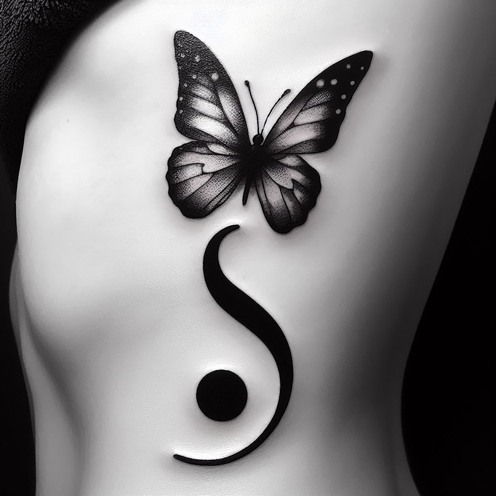 A semicolon that transitions into the body of a butterfly, tattooed on the side of the rib cage. This design symbolizes transformation and rebirth, with the butterfly's wings spreading from the semicolon, signifying a new beginning.