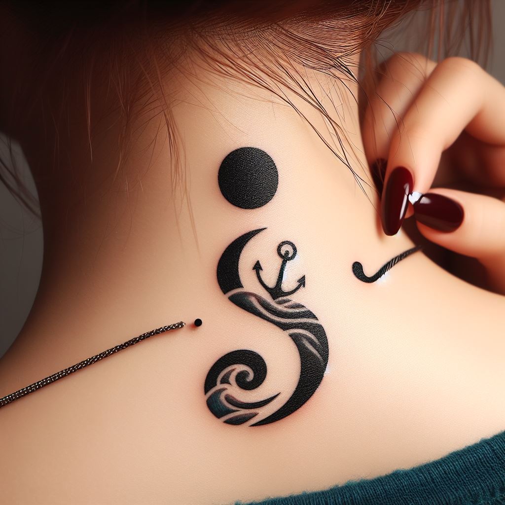 A semicolon tattoo with nautical themes, such as an anchor or waves, located at the nape of the neck. The nautical elements should complement the semicolon, reflecting a journey of perseverance and navigating through life's challenges.