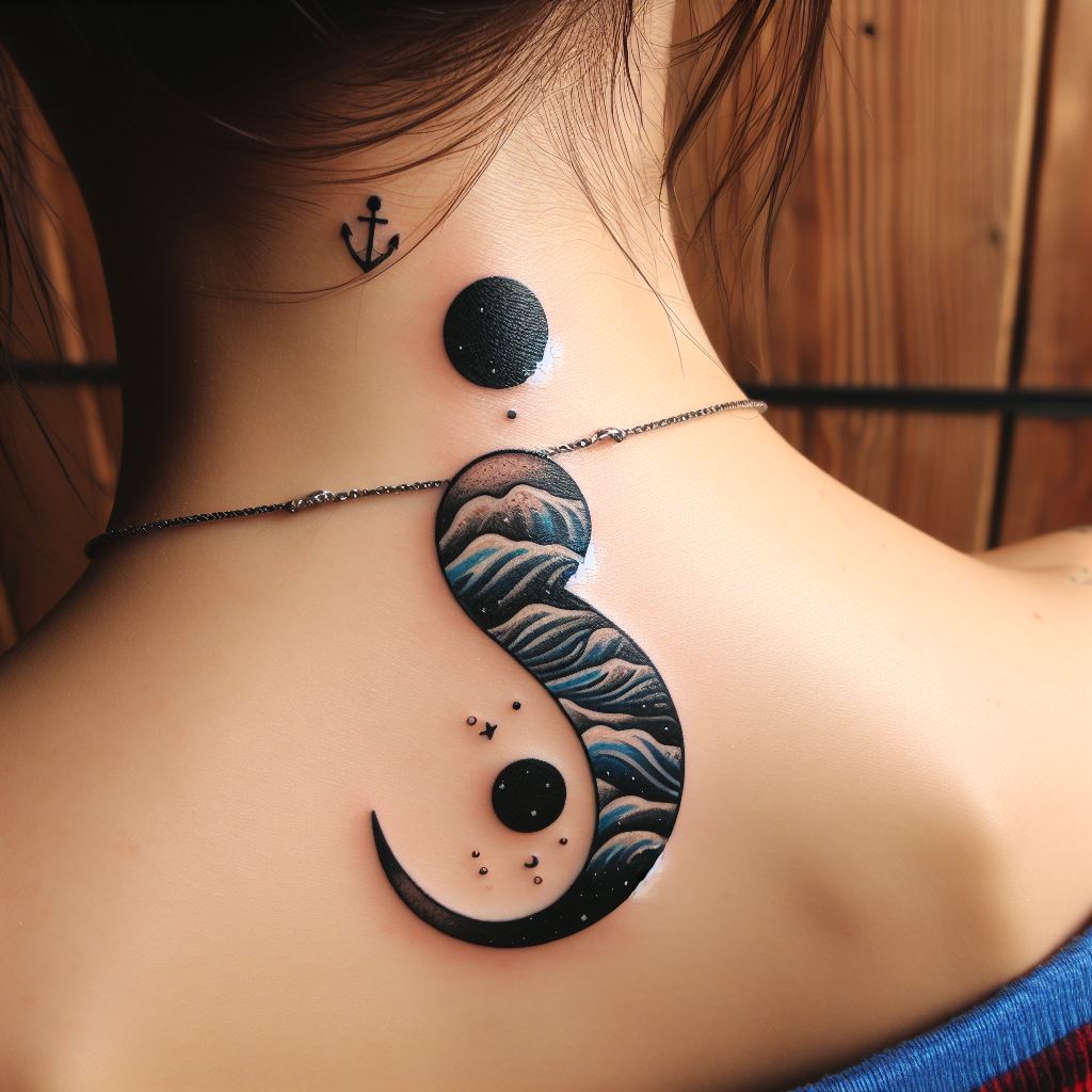 A semicolon tattoo with nautical themes, such as an anchor or waves, located at the nape of the neck. The nautical elements should complement the semicolon, reflecting a journey of perseverance and navigating through life's challenges.