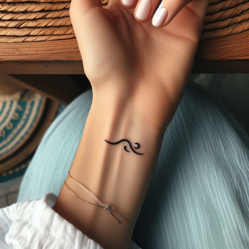 A small, simple wave tattoo on a woman's wrist, symbolizing a connection to the ocean, change, and the flow of life.