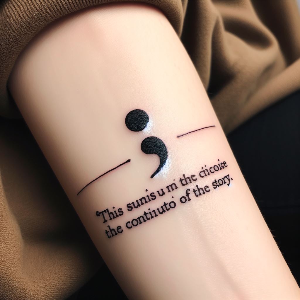 A semicolon tattoo followed by an inspirational quote running down the inner arm. The semicolon should introduce the quote, emphasizing the continuation of the story, with the words rendered in elegant script for a personal touch.