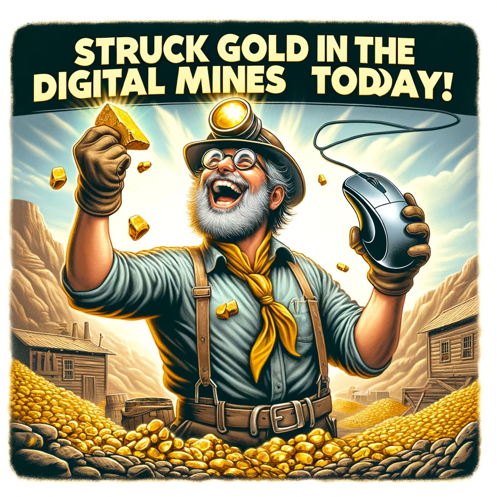 A comical image of a gold miner triumphantly holding a computer mouse in the air instead of gold nuggets, with the caption "Struck gold in the digital mines today!"