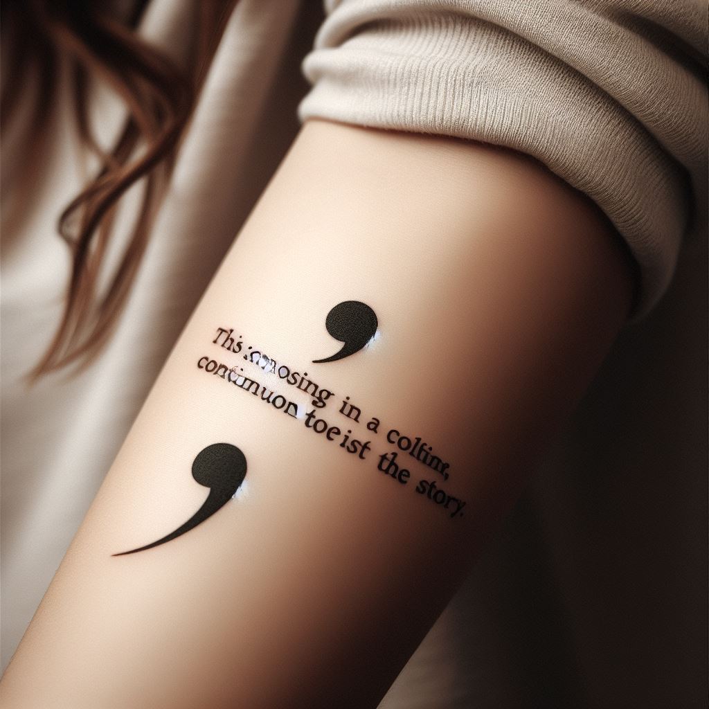 A semicolon tattoo followed by an inspirational quote running down the inner arm. The semicolon should introduce the quote, emphasizing the continuation of the story, with the words rendered in elegant script for a personal touch.