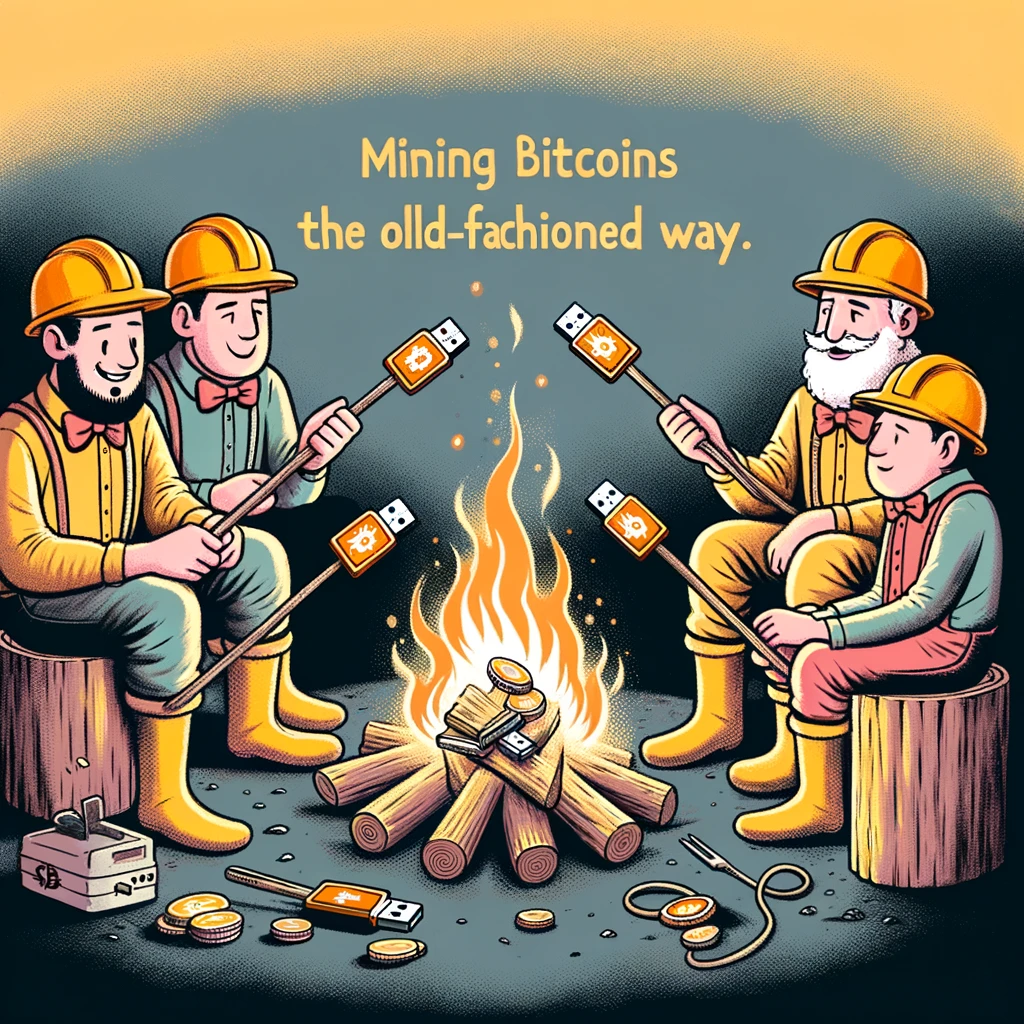 A whimsical illustration of a group of miners wearing hard hats, sitting around a campfire, roasting USB sticks on sticks, with the caption "Mining bitcoins the old-fashioned way."