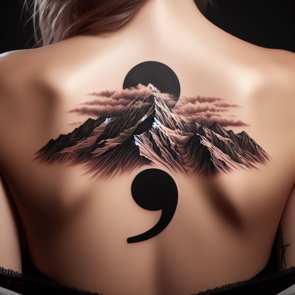 A visual of a large, detailed tattoo featuring a semicolon incorporated into a majestic mountain range on the upper back. This tattoo represents overcoming obstacles and the resilience required to climb the mountains of life, with the semicolon marking a point of contemplation and renewal.