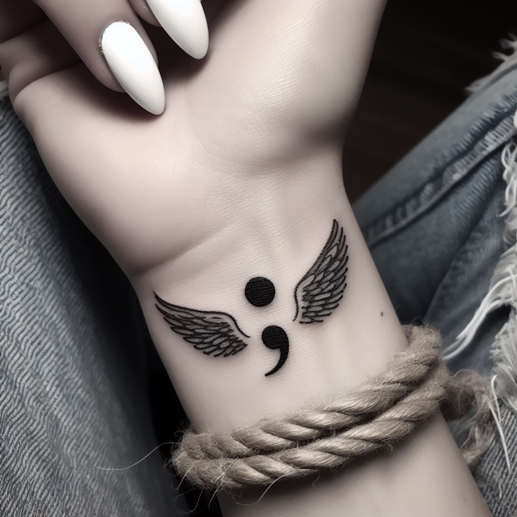 A semicolon tattoo where the dot is flanked by delicate angel wings, positioned on the wrist. This design symbolizes protection, guidance, and the belief in guardian angels watching over, offering a sense of comfort and hope.