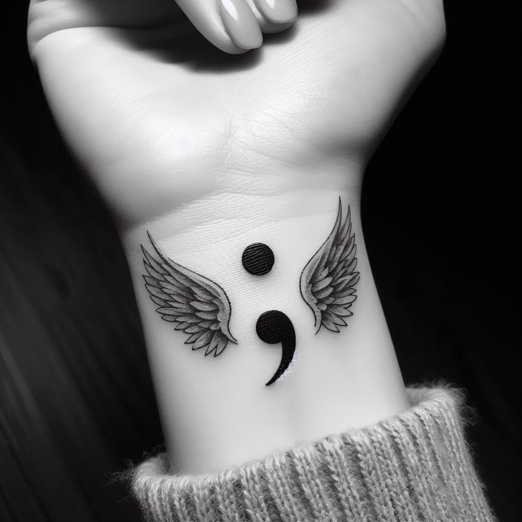 A semicolon tattoo where the dot is flanked by delicate angel wings, positioned on the wrist. This design symbolizes protection, guidance, and the belief in guardian angels watching over, offering a sense of comfort and hope.