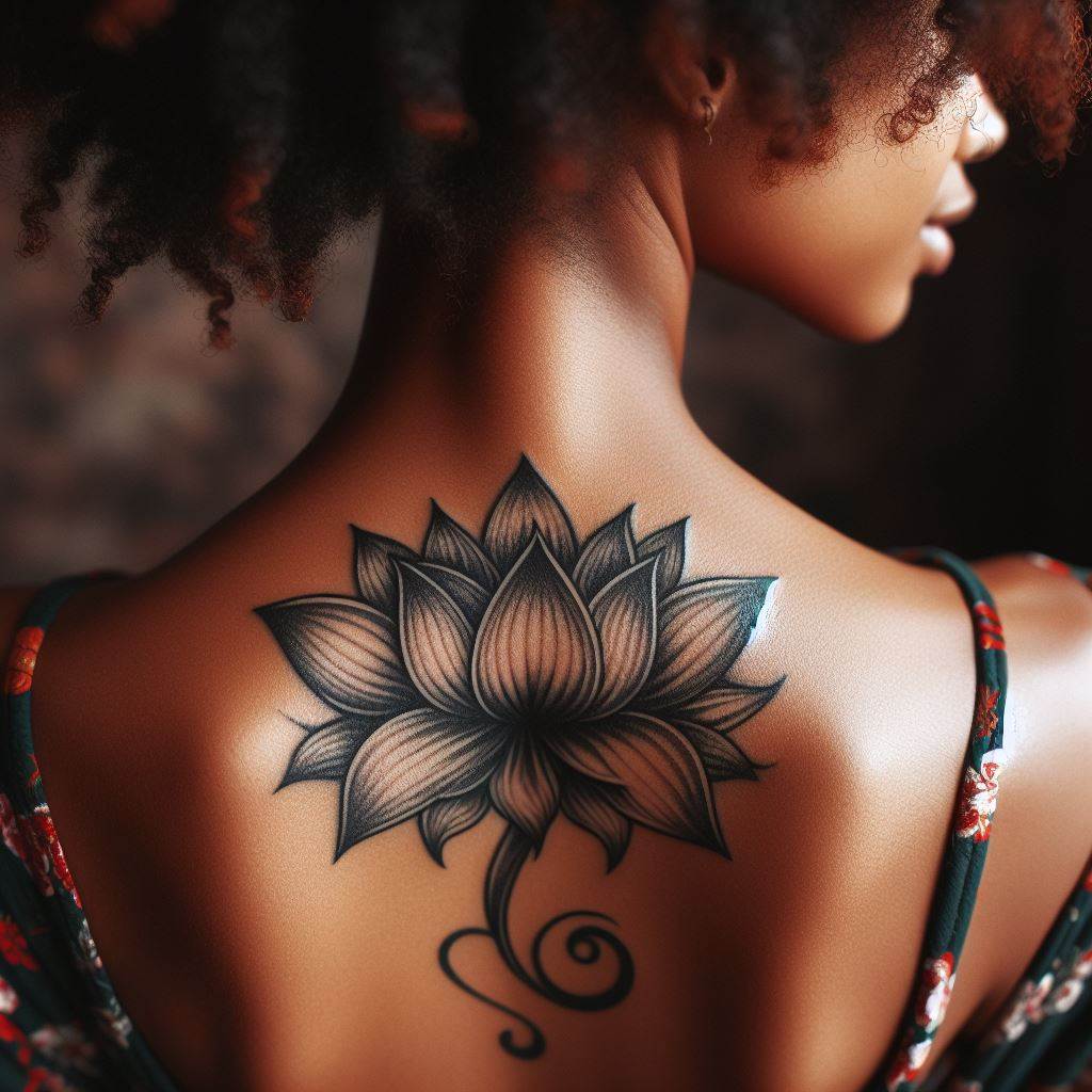 A delicate lotus flower tattoo at the back of a woman's neck, its petals open, symbolizing purity, enlightenment, and rebirth.