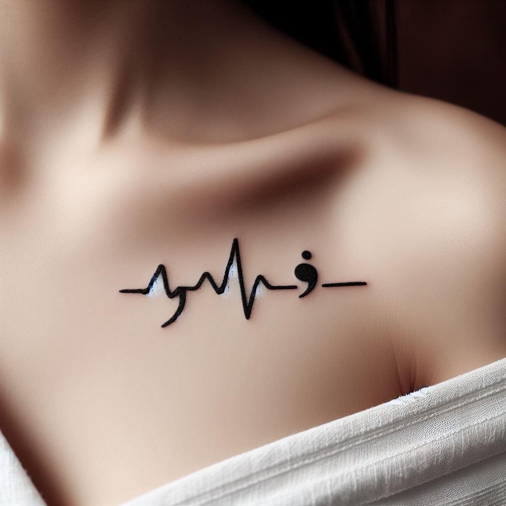 A semicolon integrated into a heartbeat (EKG line) tattoo, placed delicately along the collarbone. This design symbolizes life’s continuous journey despite its ups and downs, with the semicolon punctuating a significant point in the heartbeat pattern, symbolizing a pause before continuing.