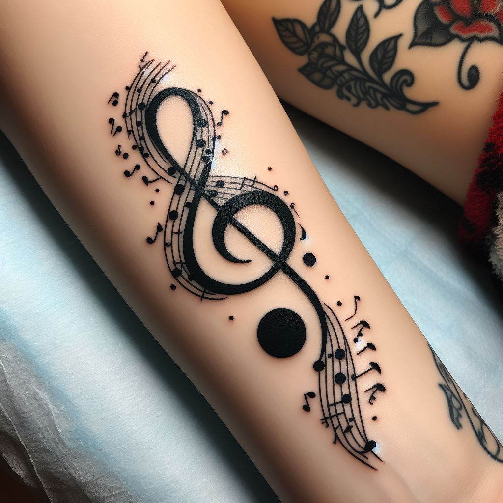 A semicolon tattoo intertwined with musical notes and symbols along the inner forearm. This tattoo celebrates the power of music to heal and the continuation of life’s symphony, with the semicolon marking a rest in the music before the melody resumes.
