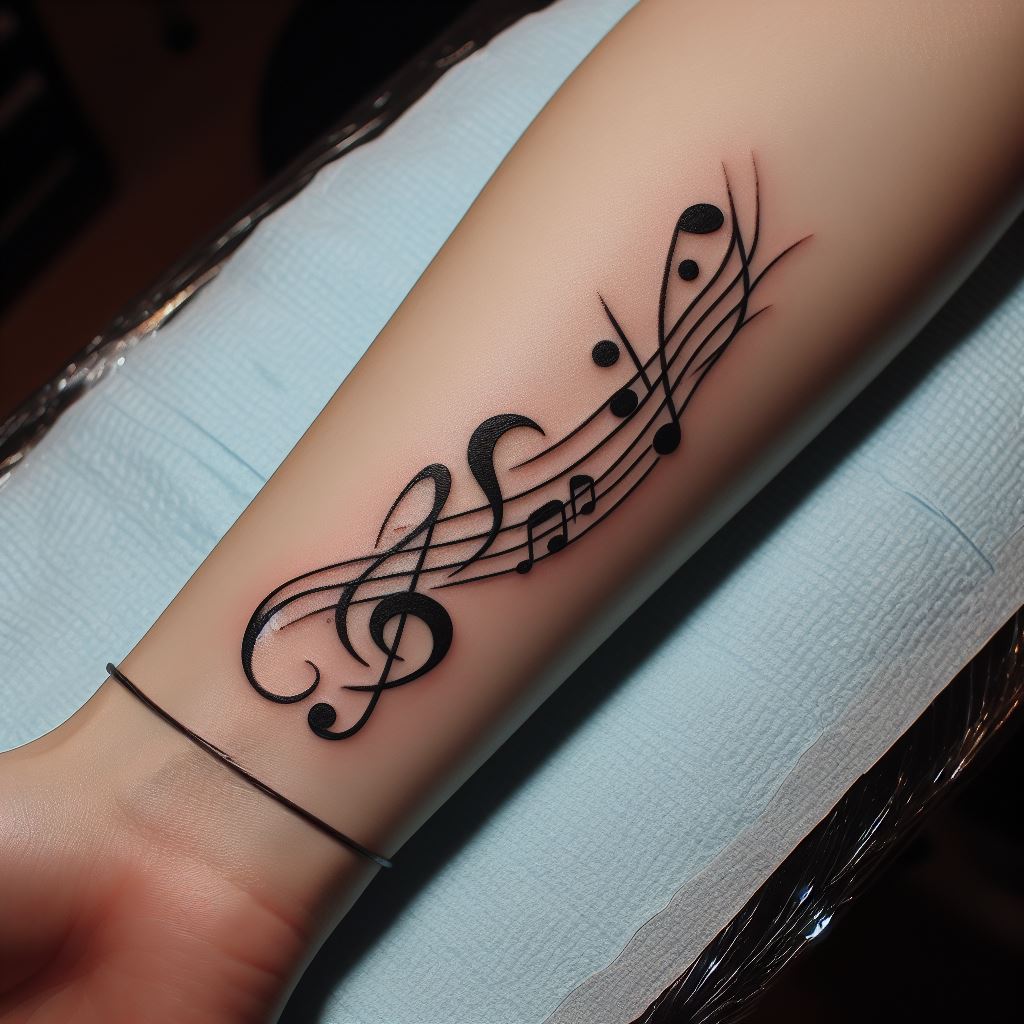 A semicolon tattoo intertwined with musical notes and symbols along the inner forearm. This tattoo celebrates the power of music to heal and the continuation of life’s symphony, with the semicolon marking a rest in the music before the melody resumes.