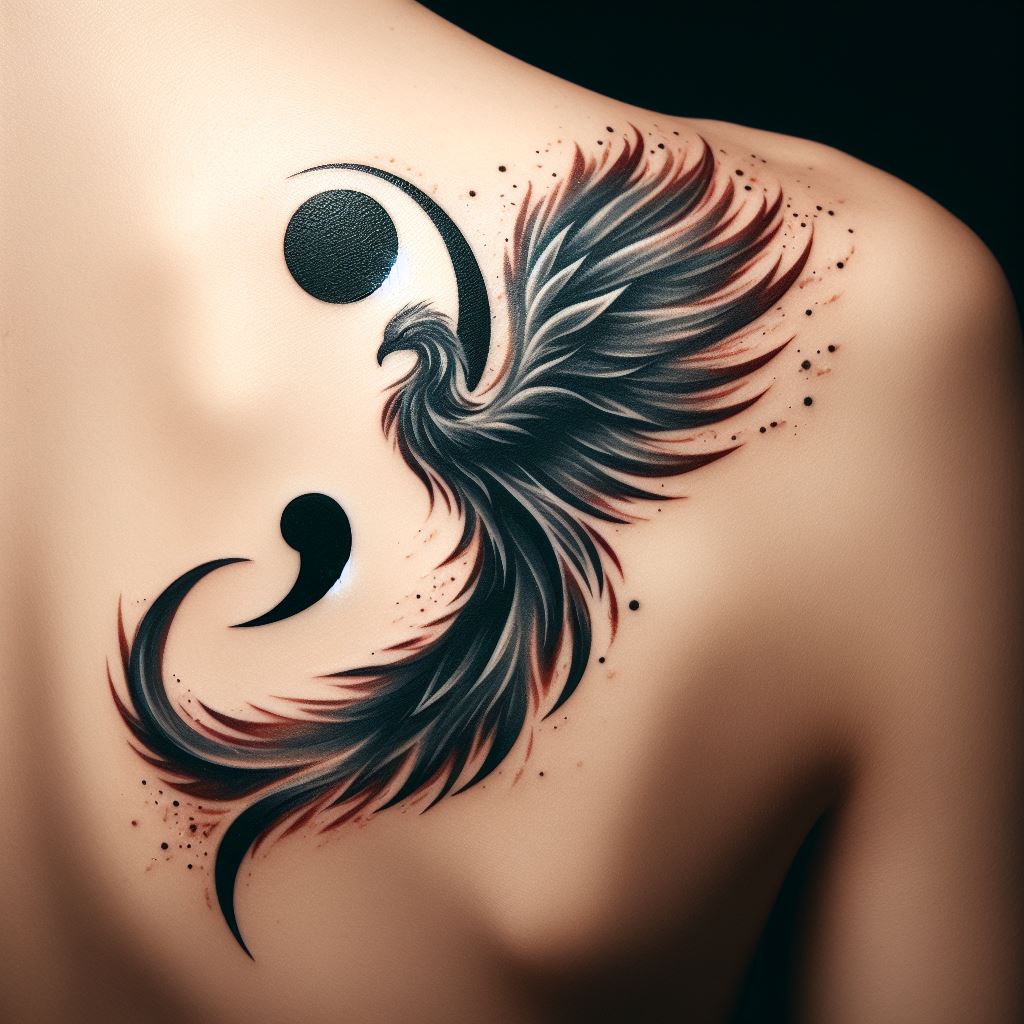 A semicolon that transitions into the tail of a phoenix rising, tattooed on the shoulder. The phoenix symbolizes rebirth, renewal, and the triumph over adversity, with the semicolon underscoring the pivotal moment of resurgence.