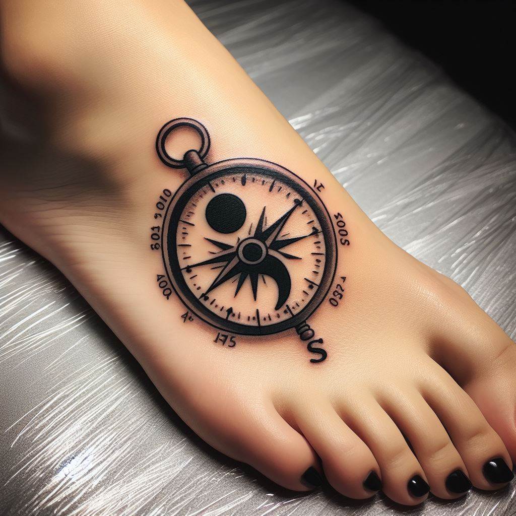 A semicolon integrated into a compass design tattooed on the side of the foot. This tattoo represents guidance, direction, and the journey of navigating through life’s challenges, with the semicolon emphasizing the ongoing nature of this journey.