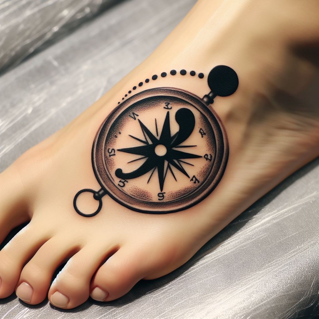 A semicolon integrated into a compass design tattooed on the side of the foot. This tattoo represents guidance, direction, and the journey of navigating through life’s challenges, with the semicolon emphasizing the ongoing nature of this journey.