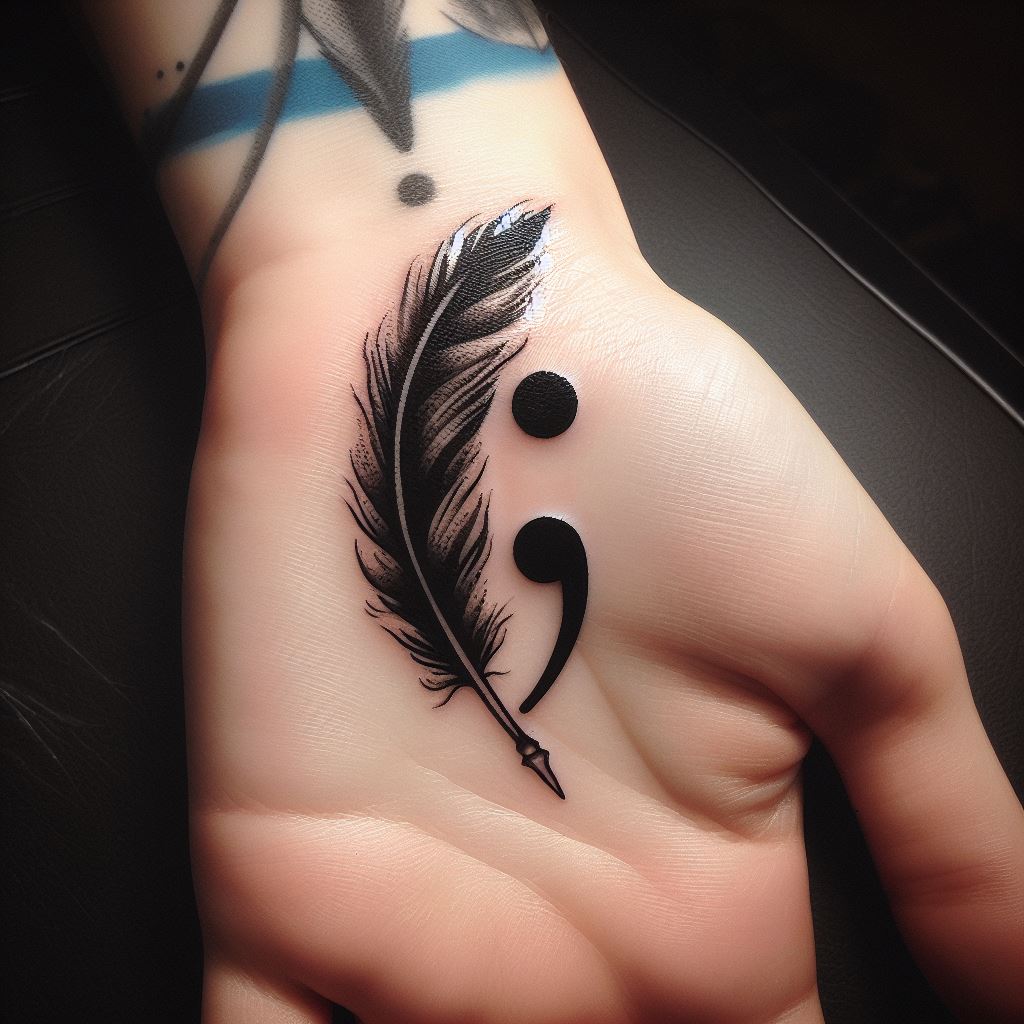 A semicolon that morphs into a quill and ink, tattooed on the back of the hand. This design honors the power of writing and storytelling as a means to continue life’s narrative, with the semicolon symbolizing the author’s pause before writing the next chapter.