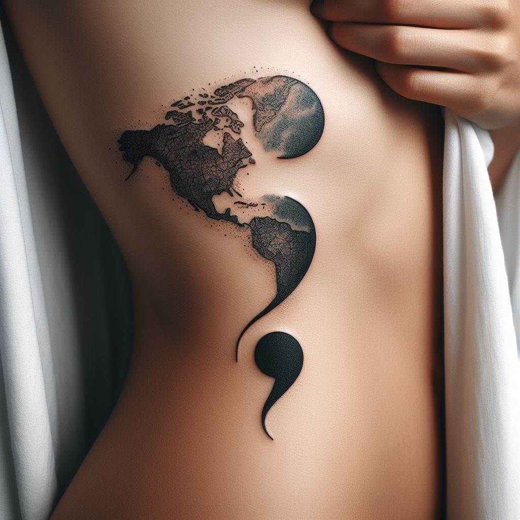 A semicolon tattoo that incorporates elements of a world map, placed on the side of the rib cage. This design signifies a love for travel and exploration, with the semicolon marking the journey's continuation, inviting the wearer to explore the world and their place within it.